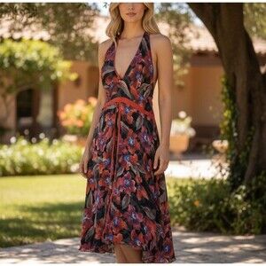DHARMA Small Trading Floral MIDI Halter Dress Silk Blend Lightweight Unlined NWT